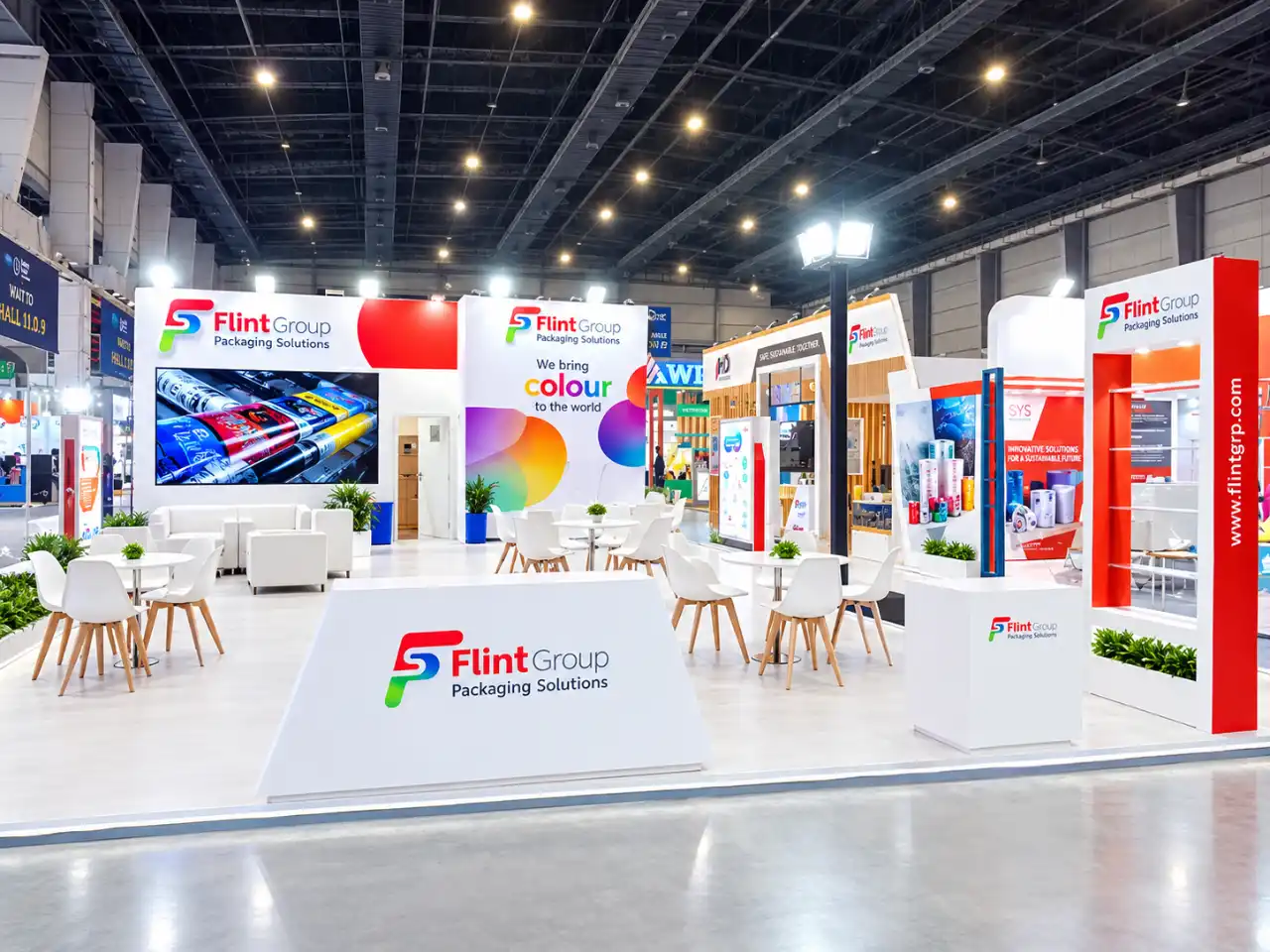 Custom-built exhibition stand with branded entrance, display zones and counter