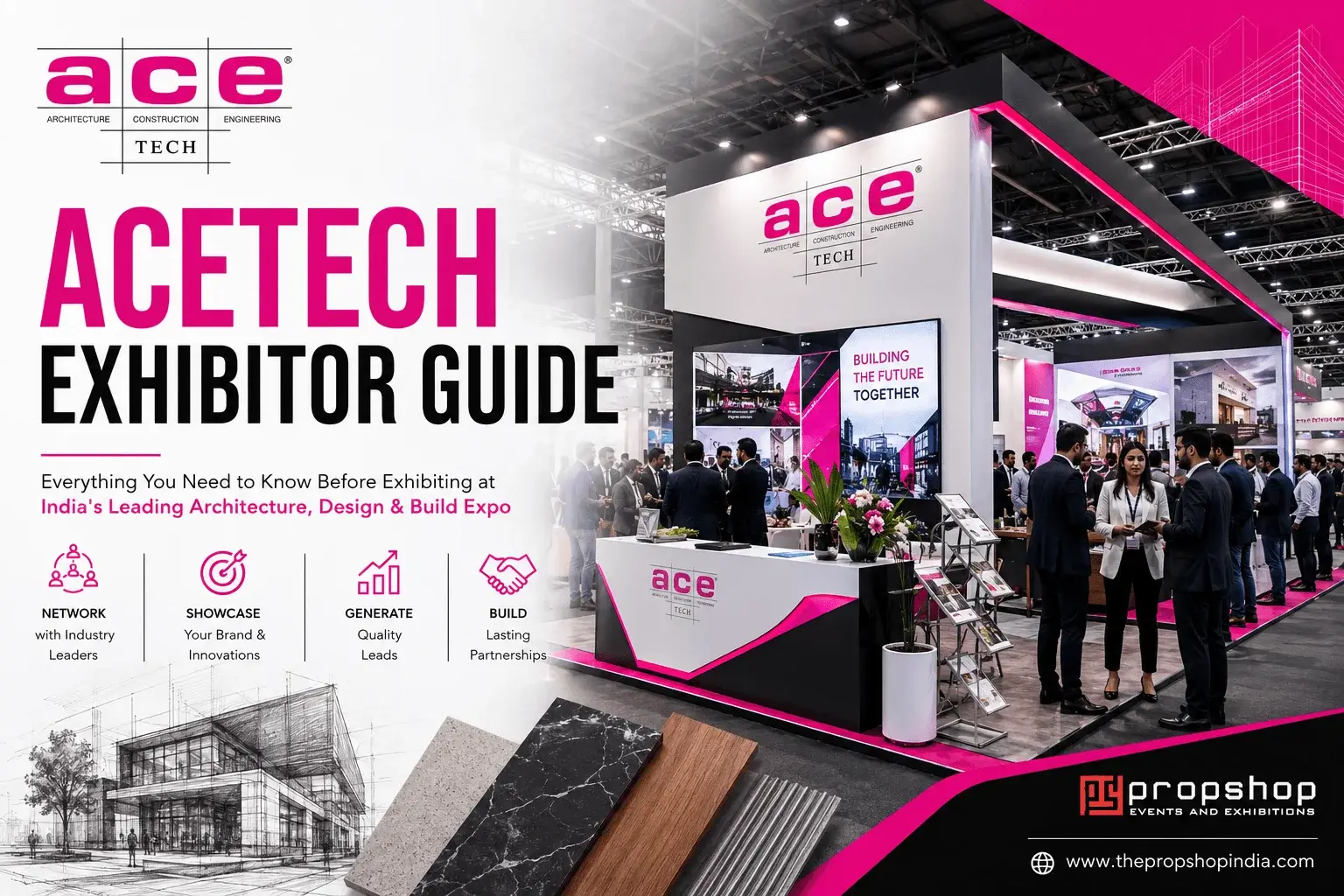 ACETECH Exhibitor Guide 2026 showcasing a custom trade show booth, architecture and design exhibition displays, construction industry professionals, and innovative building solutions at ACETECH Expo.