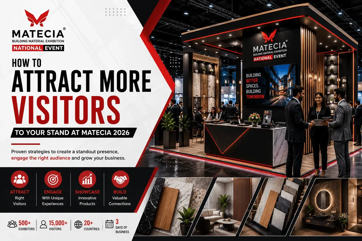 How to Attract More Visitors to Your Stand at MATECIA 2026 banner showcasing exhibition booth design, building materials displays, architect networking, interior design products, and trade show visitor engagement strategies.