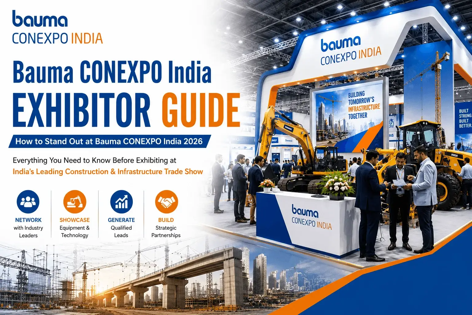 Bauma CONEXPO India 2026 Exhibitor Guide showcasing construction machinery, infrastructure development solutions, exhibition stand design, business networking, and trade show exhibits for the construction industry in India.