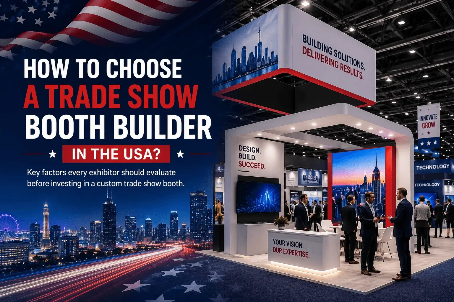 How to choose a trade show booth builder in the USA – custom exhibition stand design, branded trade show booth, and business networking at a professional American expo.